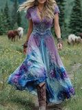 Elegant Gradient Purple Lavender and Floral Print Short Maxi Dress