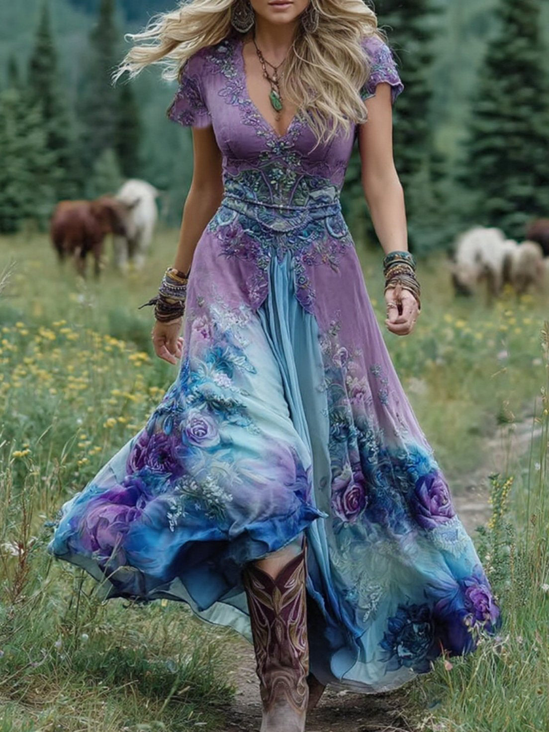 Elegant Gradient Purple Lavender and Floral Print Short Maxi Dress