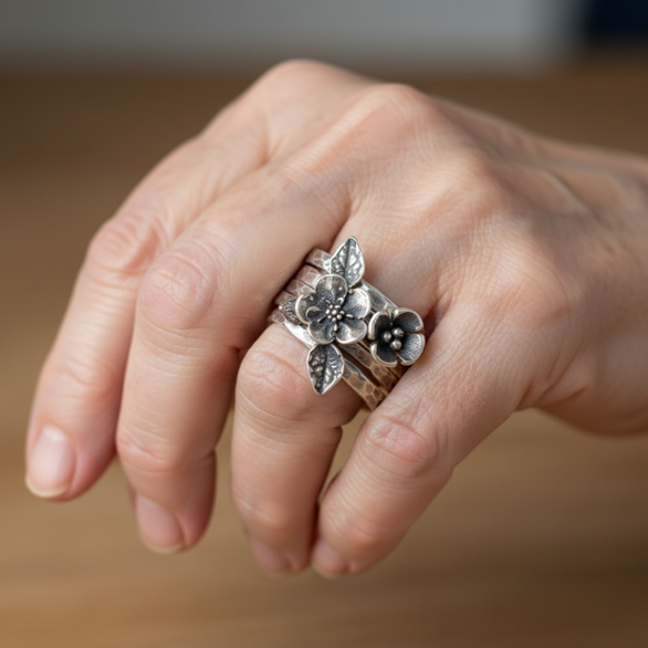 Vintage Flower Silver Layered Ring