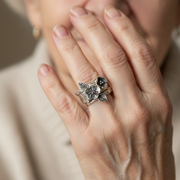 Vintage Flower Silver Layered Ring