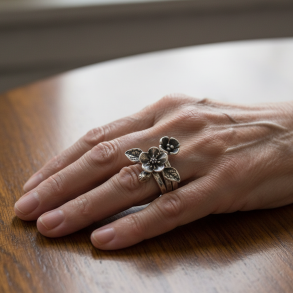 Vintage Flower Silver Layered Ring