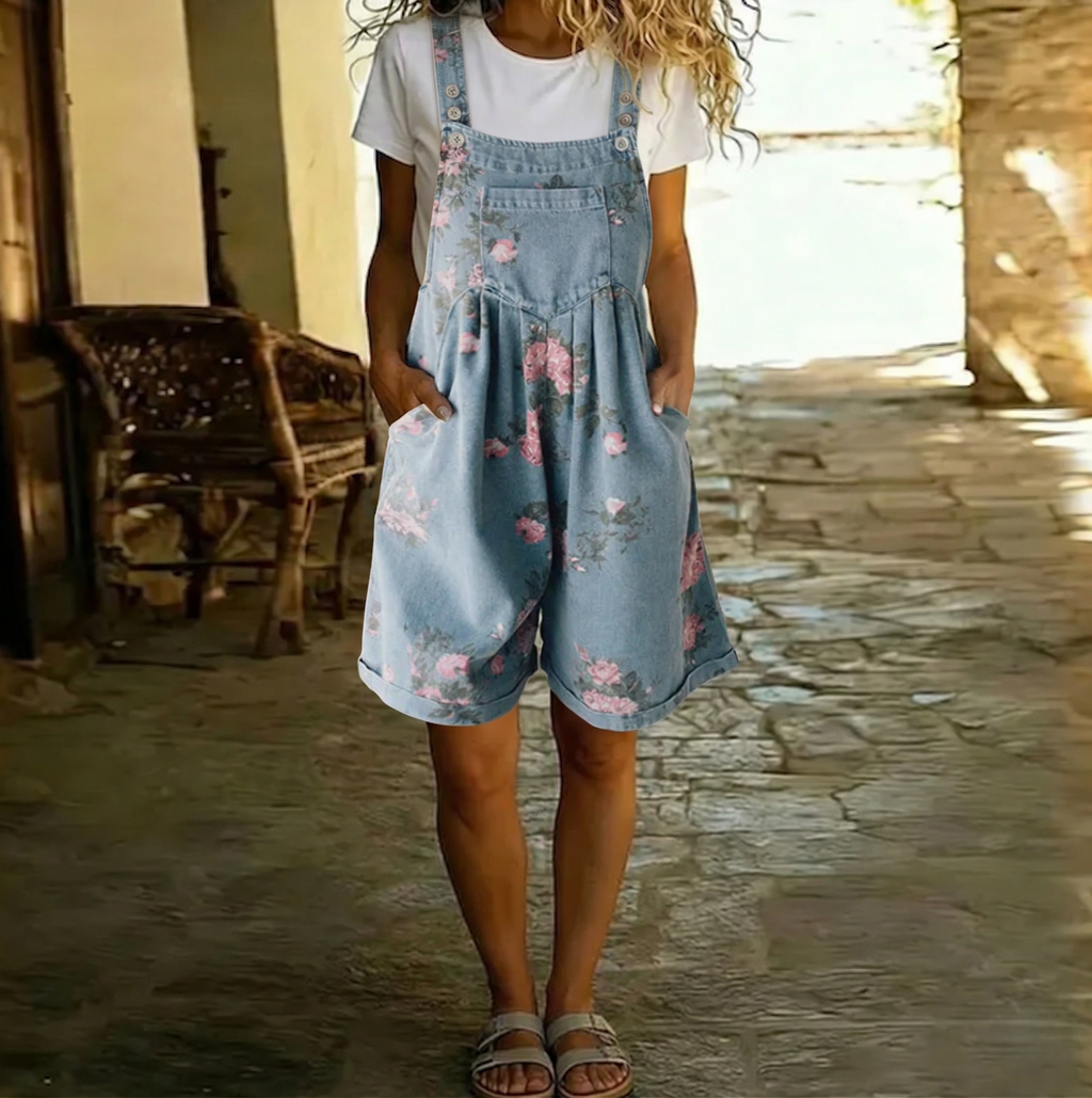 Mala - Vintage Wash Soft Cotton Feel Denim Floral Jumpsuit