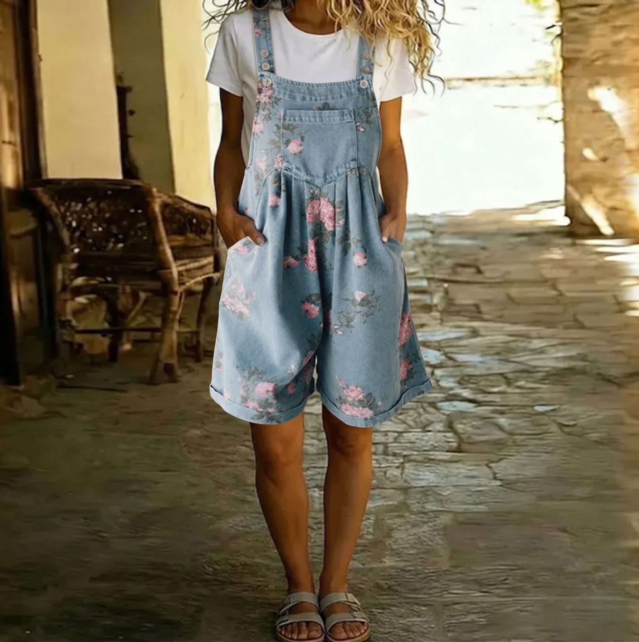 Mala - Vintage Wash Soft Cotton Feel Denim Floral Jumpsuit
