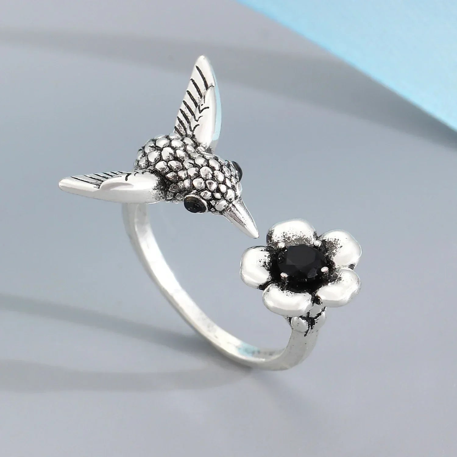 Hummingbird and Flower Ring - Adjustable Open Bird Ring (for women)