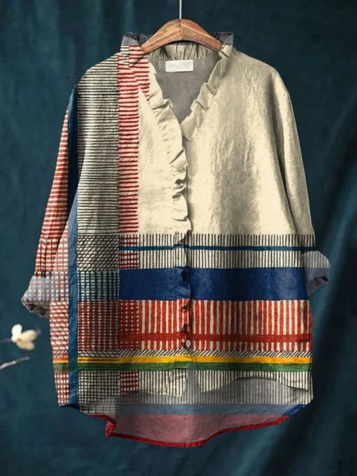 Women's Geometric Print Ruffle Shirt