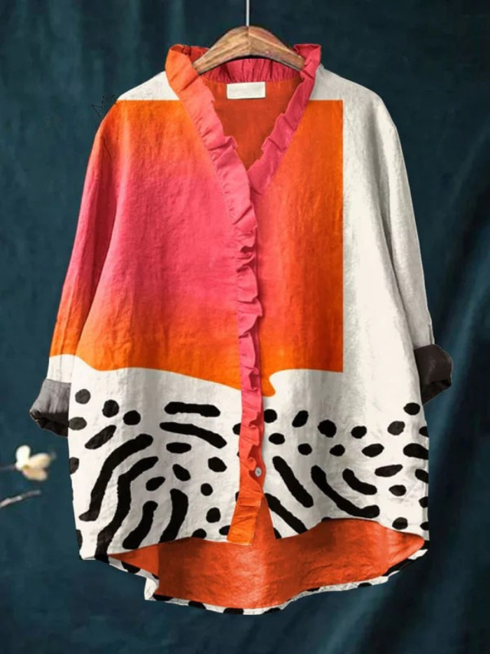 Women's Abstract Color Block Ruffle Shirt