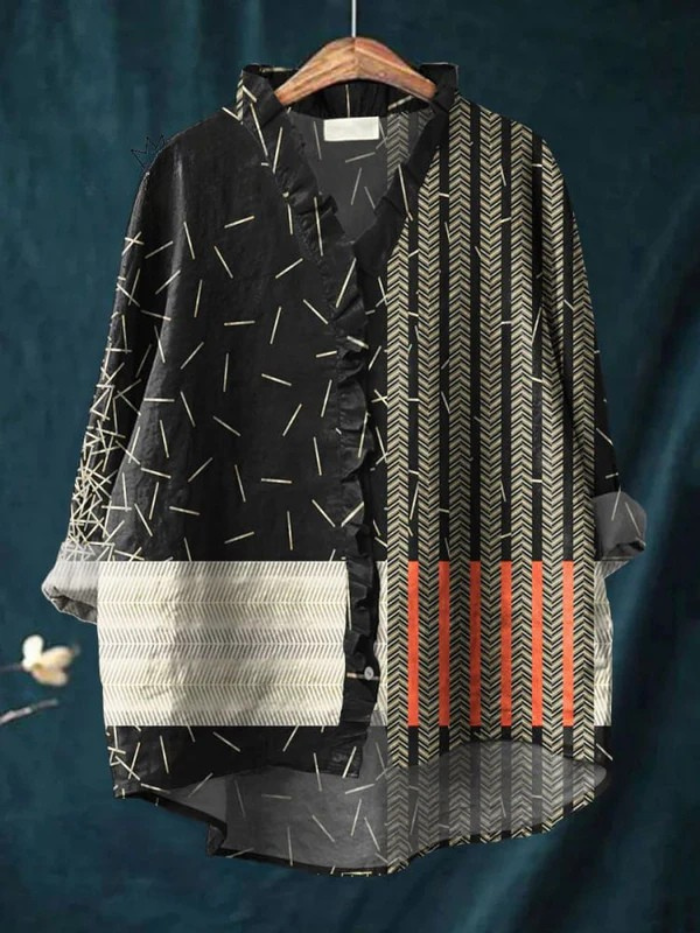 Women's Abstract Twill Ruffle Shirt