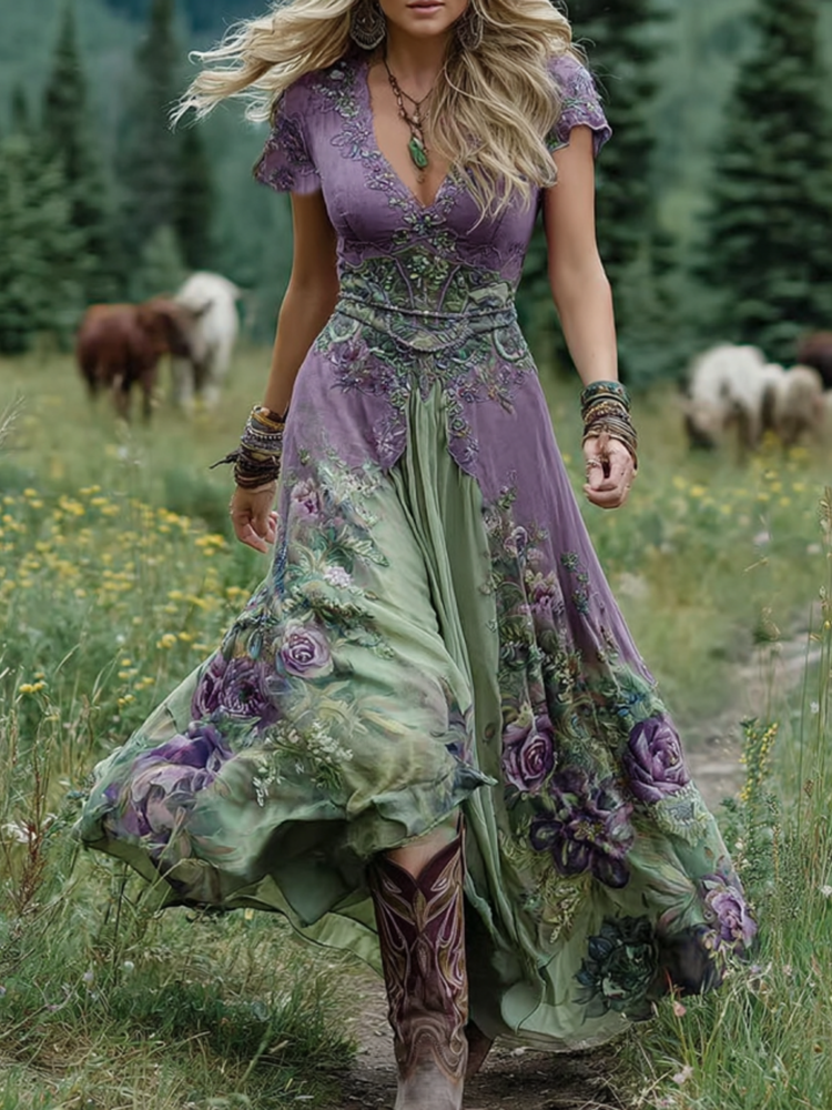 Elegant Gradient Purple Lavender and Floral Print Short Maxi Dress