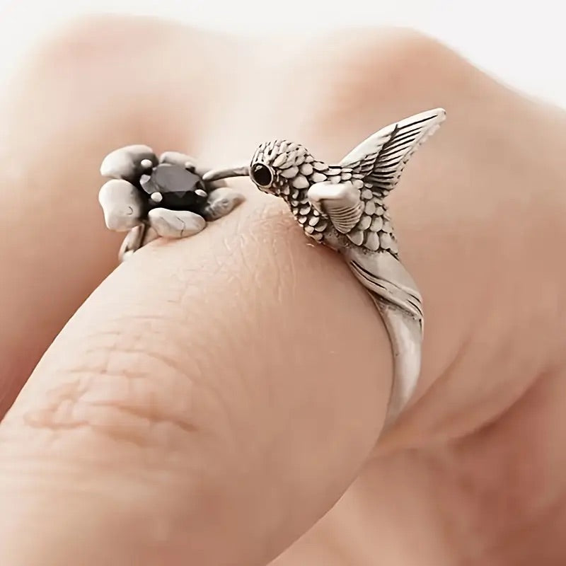 Hummingbird and Flower Ring - Adjustable Open Bird Ring (for women)