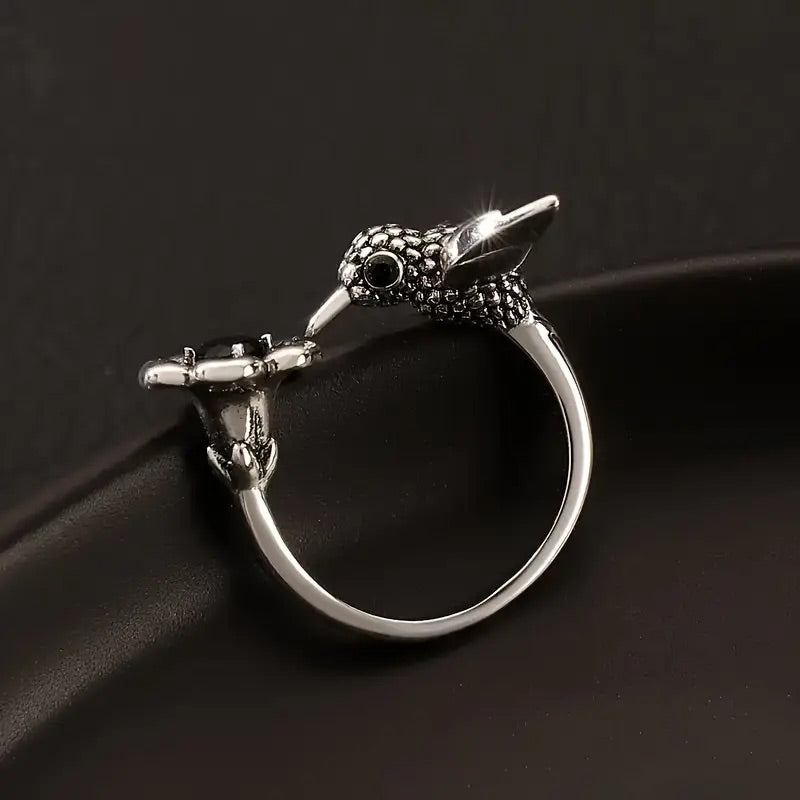 Hummingbird and Flower Ring - Adjustable Open Bird Ring (for women)