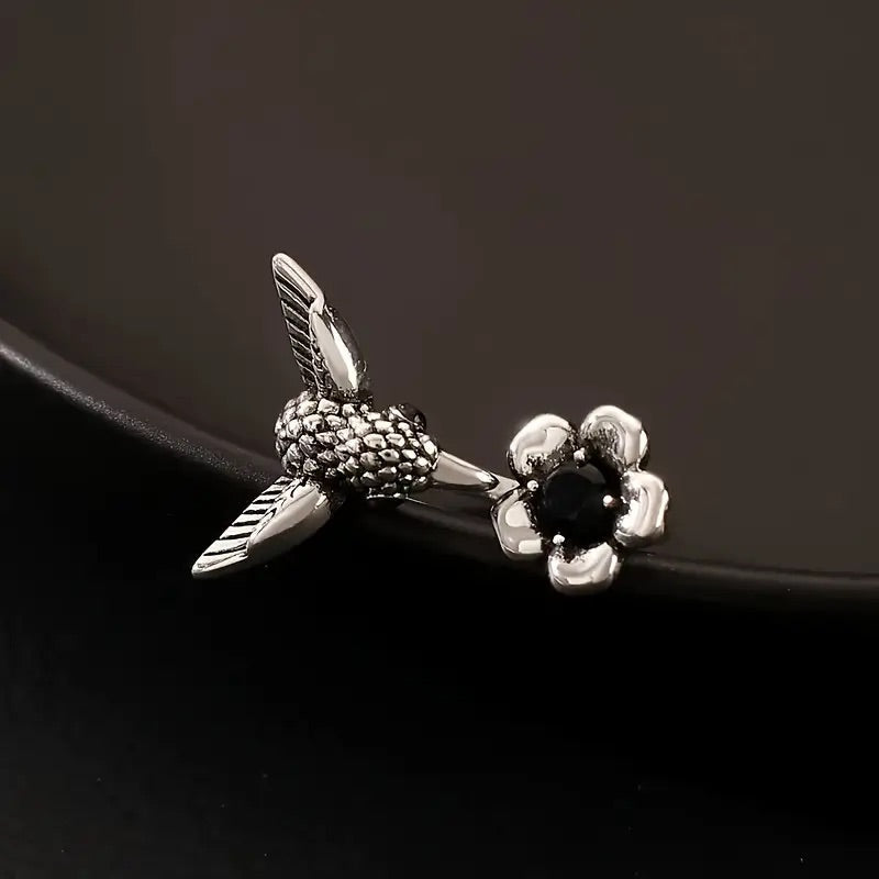 Hummingbird and Flower Ring - Adjustable Open Bird Ring (for women)