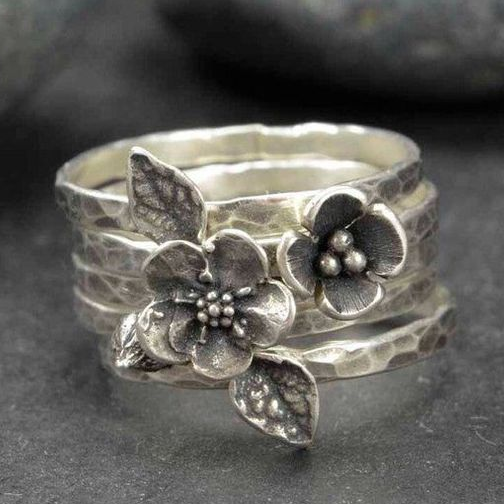 Vintage Flower Silver Layered Ring
