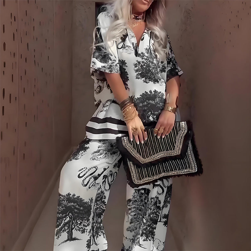 V-neck Print Top + Long Pants